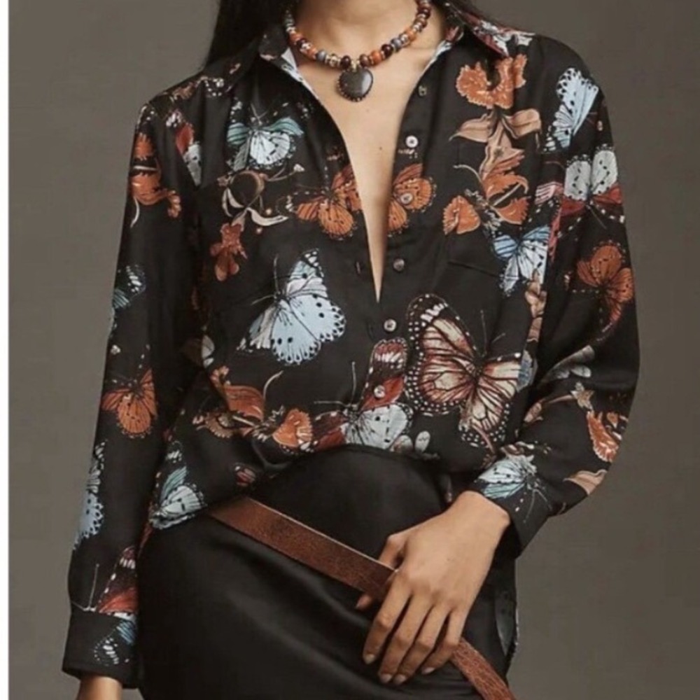 Anthropologie Large Brielle Butterfly Print Button Down Shirt Black Blouse